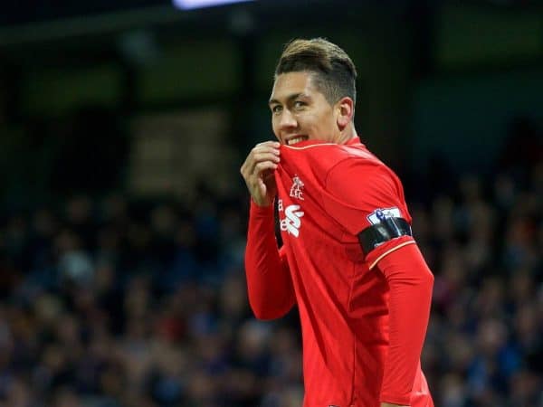 MANCHESTER, ENGLAND - Saturday, November 21, 2015: Liverpool's Roberto Firmino celebrates the Manchester City own goal scored by Mangala during the Premier League match against Liverpool at the City of Manchester Stadium. (Pic by David Rawcliffe/Propaganda)
