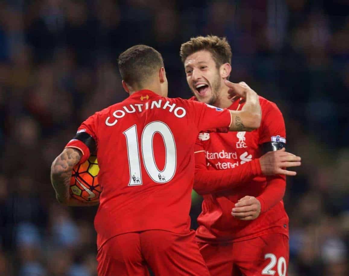 MANCHESTER, ENGLAND - Saturday, November 21, 2015: Liverpool's Philippe Coutinho Correia celebrates scoring the second goal against Manchester City with team-mate Adam Lallana during the Premier League match at the City of Manchester Stadium. (Pic by David Rawcliffe/Propaganda)