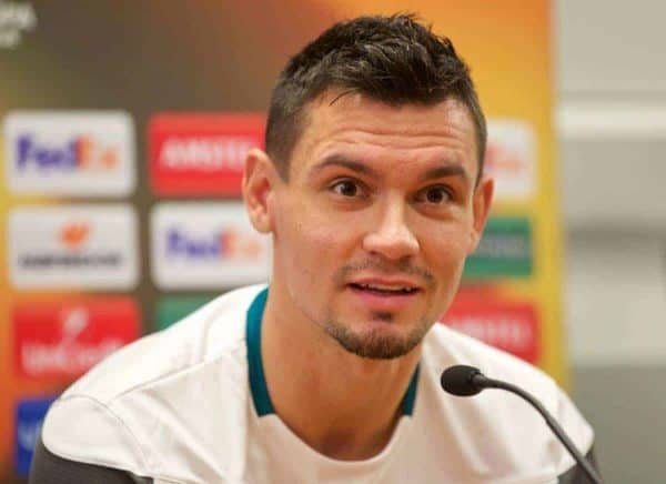 LIVERPOOL, ENGLAND - Wednesday, November 25, 2015: Liverpool's Dejan Lovren during a press conference at Melwood Training Ground ahead of the UEFA Europa League Group Stage Group B match against FC Girondins de Bordeaux. (Pic by David Rawcliffe/Propaganda)