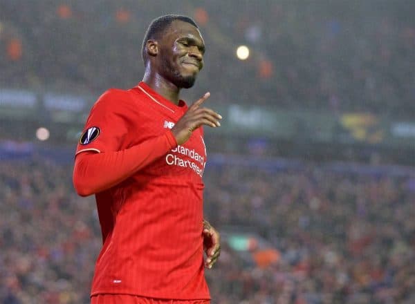 LIVERPOOL, ENGLAND - Thursday, November 26, 2015: Liverpool's Christian Benteke sees his goal disallowed for off-side against FC Girondins de Bordeaux during the UEFA Europa League Group Stage Group B match at Anfield. (Pic by David Rawcliffe/Propaganda)