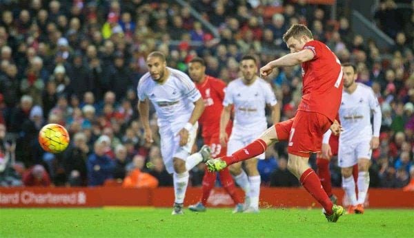 LIVERPOOL, ENGLAND - Sunday, November 29, 2015: Liverpool's James Milner scores the first goal against Swansea City from the penalty spot during the Premier League match at Anfield. (Pic by David Rawcliffe/Propaganda)