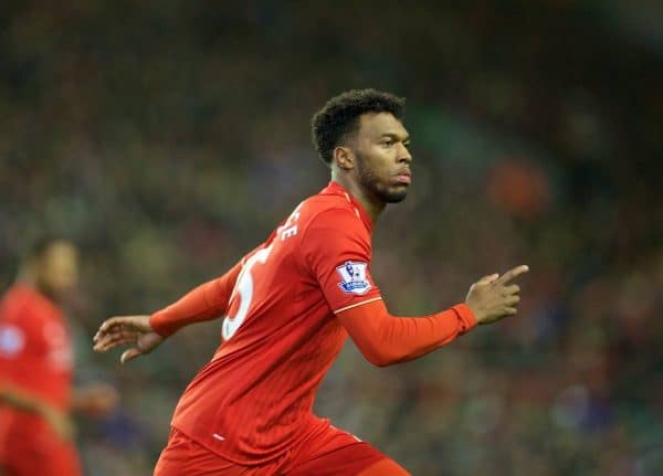 LIVERPOOL, ENGLAND - Sunday, November 29, 2015: Liverpool's substitute Daniel Sturridge in action against Swansea City during the Premier League match at Anfield. (Pic by David Rawcliffe/Propaganda)