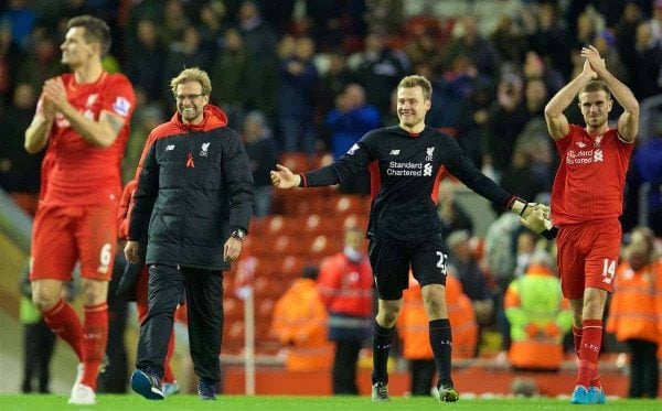 LIVERPOOL, ENGLAND - Sunday, November 29, 2015: Liverpool's manager Jürgen Klopp and goalkeeper Simon Mignolet celebrate after the 2-0 victory over Swansea City during the Premier League match at Anfield. (Pic by David Rawcliffe/Propaganda)
