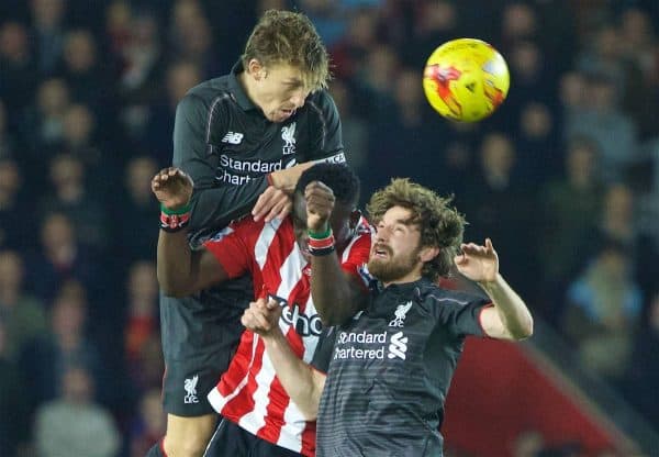 SOUTHAMPTON, ENGLAND - Wednesday, December 2, 2015: Liverpool's Lucas Leiva and Joe Allen in action against Southampton's Victor Wanyama during the Football League Cup Quarter-Final match at St. Mary's Stadium. (Pic by David Rawcliffe/Propaganda)