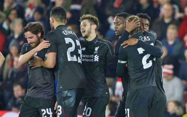 SOUTHAMPTON, ENGLAND - Wednesday, December 2, 2015: Liverpool's Daniel Sturridge celebrates scoring the second goal against Southampton during the Football League Cup Quarter-Final match at St. Mary's Stadium. (Pic by David Rawcliffe/Propaganda)