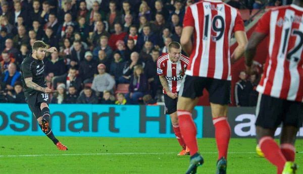 SOUTHAMPTON, ENGLAND - Wednesday, December 2, 2015: Liverpool's Alberto Moreno scores the third goal against Southampton during the Football League Cup Quarter-Final match at St. Mary's Stadium. (Pic by David Rawcliffe/Propaganda)