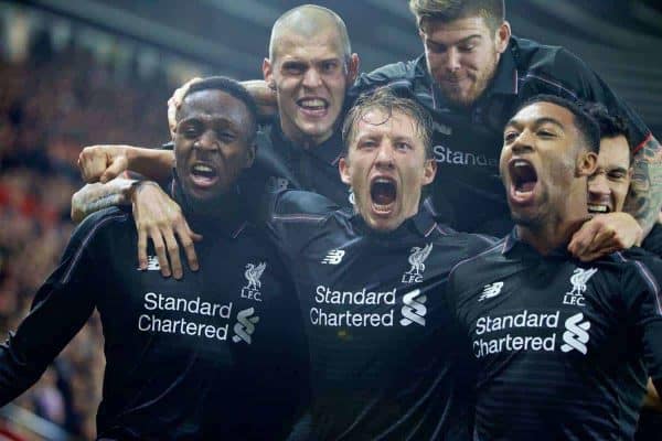 SOUTHAMPTON, ENGLAND - Wednesday, December 2, 2015: Liverpool's Divock Origi celebrates scoring the fourth goal against Southampton with team-mates Martin Skrtel, Lucas Leiva, Jordon Ibe, Alberto Moreno and Dejan Lovren during the Football League Cup Quarter-Final match at St. Mary's Stadium. (Pic by David Rawcliffe/Propaganda)