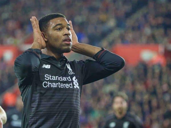 SOUTHAMPTON, ENGLAND - Wednesday, December 2, 2015: Liverpool's Jordon Ibe celebrates scoring the fifth goal against Southampton during the Football League Cup Quarter-Final match at St. Mary's Stadium. (Pic by David Rawcliffe/Propaganda)