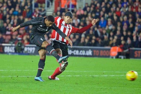 SOUTHAMPTON, ENGLAND - Wednesday, December 2, 2015: Liverpool's Jordon Ibe scores the fifth goal against Southampton during the Football League Cup Quarter-Final match at St. Mary's Stadium. (Pic by David Rawcliffe/Propaganda)