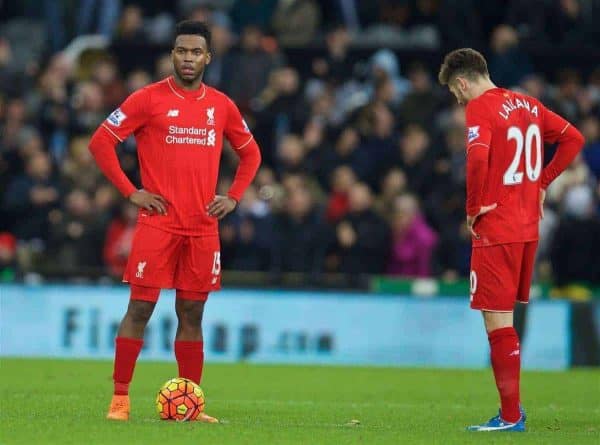NEWCASTLE-UPON-TYNE, ENGLAND - Sunday, December 6, 2015: Liverpool's Daniel Sturridge looks dejected as Newcastle United score the second goal during the Premier League match at St. James' Park. (Pic by David Rawcliffe/Propaganda)