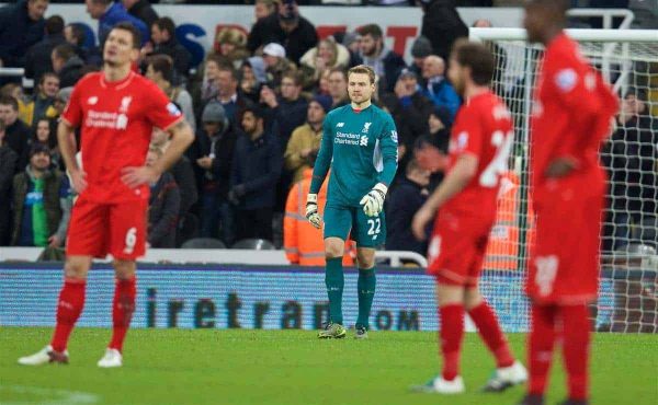 NEWCASTLE-UPON-TYNE, ENGLAND - Sunday, December 6, 2015: Liverpool's goalkeeper Simon Mignolet looks dejected as Newcastle United score the second goal during the Premier League match at St. James' Park. (Pic by David Rawcliffe/Propaganda)