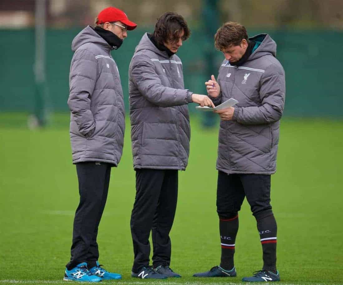 LIVERPOOL, ENGLAND - Wednesday, December 9, 2015: Liverpool's manager Jürgen Klopp with assistant manager Zeljko Buvac and first team coach Peter Krawietz during a training session at Melwood Training Ground ahead of the UEFA Europa League Group Stage Group B match against FC Sion. (Pic by David Rawcliffe/Propaganda)