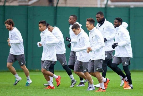 LIVERPOOL, ENGLAND - Wednesday, December 9, 2015: Liverpool's Joe Allen, Allan Rodrigues de Sousa, Lucas Leiva, Philippe Coutinho Correia, Roberto Firmino, Christian Benteke and Kolo Toure during a training session at Melwood Training Ground ahead of the UEFA Europa League Group Stage Group B match against FC Sion. (Pic by David Rawcliffe/Propaganda)