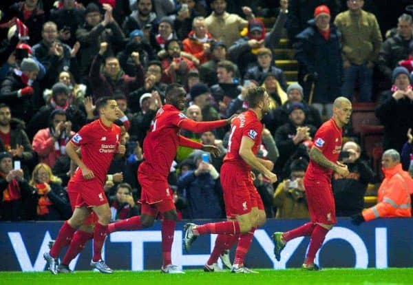 LIVERPOOL, ENGLAND - Sunday, December 13, 2015: Liverpool's captain Jordan Henderson and teammates celebrates scoring the first goal against West Bromwich Albion during the Premier League match at Anfield. (Pic by James Maloney/Propaganda)