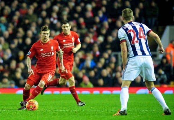 LIVERPOOL, ENGLAND - Sunday, December 13, 2015: Liverpool's Alberto Moreno in action against West Bromwich Albion's captain Darren Fletcher during the Premier League match at Anfield. (Pic by James Maloney/Propaganda)