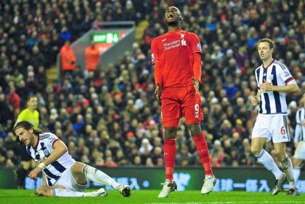 LIVERPOOL, ENGLAND - Sunday, December 13, 2015: Liverpool's Christian Benteke looks dejected after missing a chance in during the Premier League match against West Bromwich Albion at Anfield. (Pic by James Maloney/Propaganda)