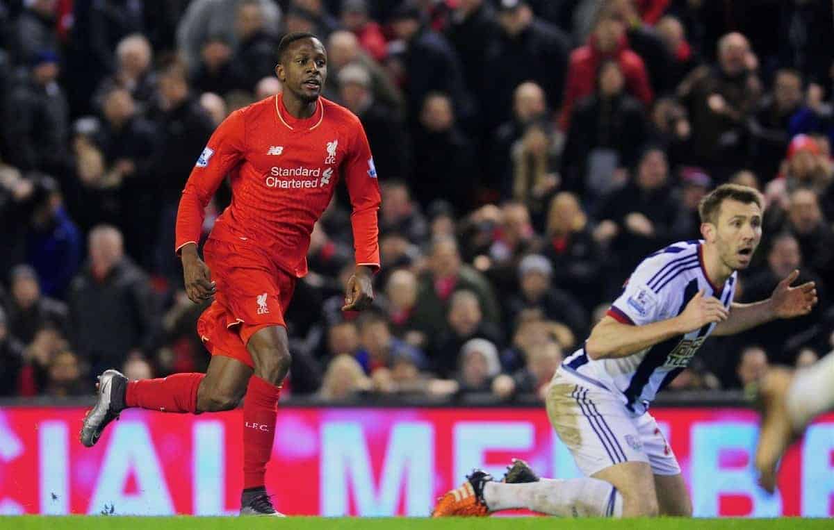 LIVERPOOL, ENGLAND - Sunday, December 13, 2015: Liverpool's Divock Origi scores the equaliser goal during the Premier League match against West Bromwich Albion at Anfield. (Pic by James Maloney/Propaganda)