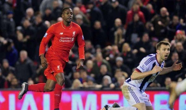 LIVERPOOL, ENGLAND - Sunday, December 13, 2015: Liverpool's Divock Origi scores the equaliser goal during the Premier League match against West Bromwich Albion at Anfield. (Pic by James Maloney/Propaganda)