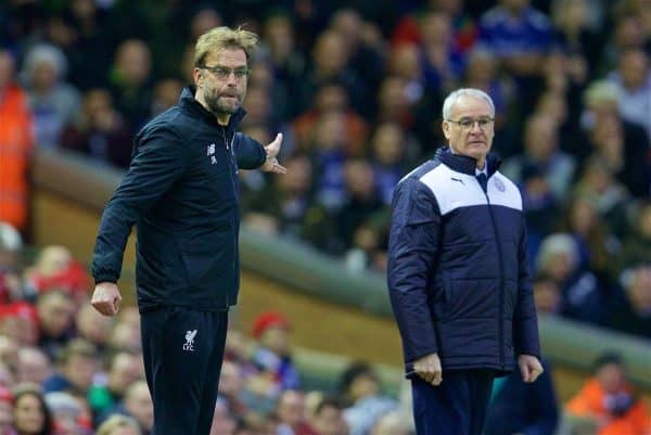 LIVERPOOL, ENGLAND - Boxing Day, Saturday, December 26, 2015: Liverpool's manager Jürgen Klopp and Leicester City's rancher Claudio Ranieri during the Premier League match at Anfield. (Pic by David Rawcliffe/Propaganda)