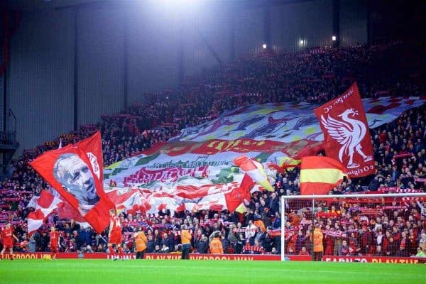 LIVERPOOL, ENGLAND - Boxing Day, Saturday, December 26, 2015: Flags and banners on the Spion Kop before the Premier League match against Leicester City at Anfield. (Pic by David Rawcliffe/Propaganda)
