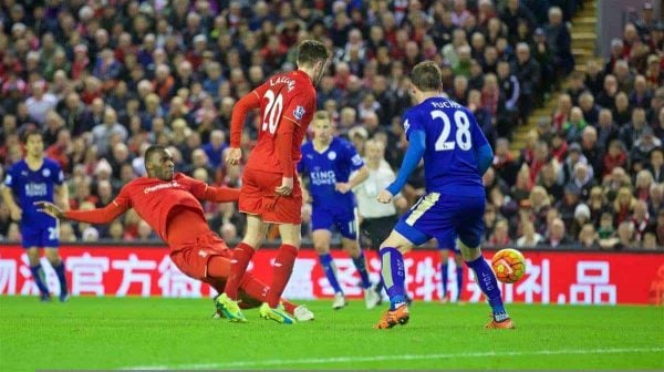 LIVERPOOL, ENGLAND - Boxing Day, Saturday, December 26, 2015: Liverpool's Christian Benteke scores the first goal against Leicester City during the Premier League match at Anfield. (Pic by David Rawcliffe/Propaganda)