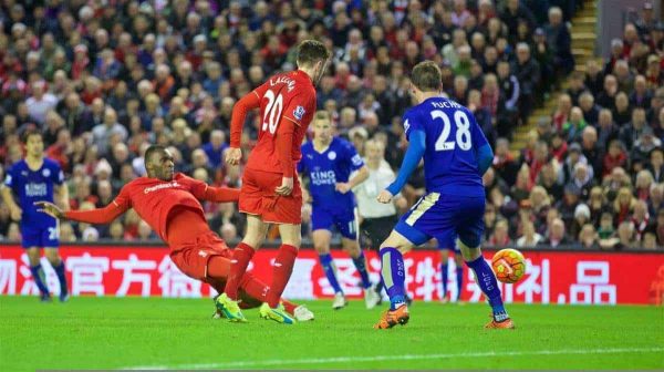 LIVERPOOL, ENGLAND - Boxing Day, Saturday, December 26, 2015: Liverpool's Christian Benteke scores the first goal against Leicester City during the Premier League match at Anfield. (Pic by David Rawcliffe/Propaganda)