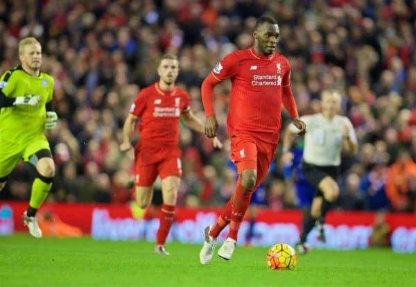 LIVERPOOL, ENGLAND - Boxing Day, Saturday, December 26, 2015: Leicester City's goalkeeper Kasper Schmeichel tries in vein to chase down Liverpool's Christian Benteke during the Premier League match at Anfield. (Pic by David Rawcliffe/Propaganda)