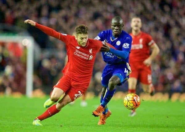 LIVERPOOL, ENGLAND - Boxing Day, Saturday, December 26, 2015: Liverpool's Adam Lallana in action against Leicester City's N'Golo Kante during the Premier League match at Anfield. (Pic by David Rawcliffe/Propaganda)