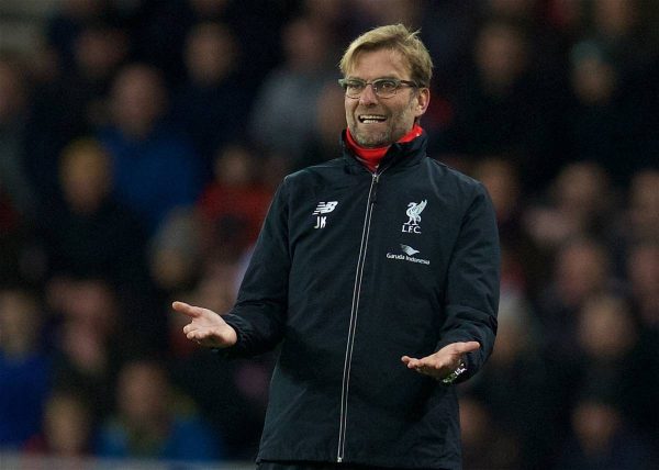 SUNDERLAND, ENGLAND - Wednesday, December 30, 2015: Liverpool's manager Jürgen Klopp during the Premier League match against Sunderland at the Stadium of Light. (Pic by David Rawcliffe/Propaganda)