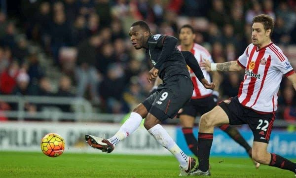 SUNDERLAND, ENGLAND - Wednesday, December 30, 2015: Liverpool's Christian Benteke scores the first goal against Sunderland during the Premier League match at the Stadium of Light. (Pic by David Rawcliffe/Propaganda)