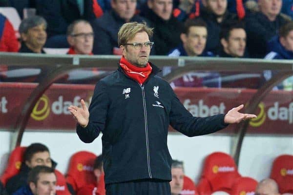 SUNDERLAND, ENGLAND - Wednesday, December 30, 2015: Liverpool's manager Jürgen Klopp during the Premier League match against Sunderland at the Stadium of Light. (Pic by David Rawcliffe/Propaganda)