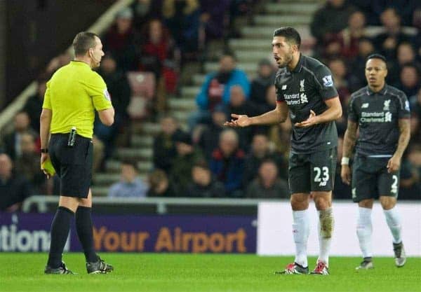 SUNDERLAND, ENGLAND - Wednesday, December 30, 2015: Liverpool's Emre Can pleads for leniency from referee Kevin Friend against Sunderland during the Premier League match at the Stadium of Light. (Pic by David Rawcliffe/Propaganda)