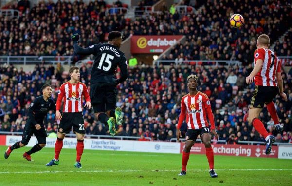 SUNDERLAND, ENGLAND - Monday, January 2, 2017: Liverpool's Daniel Sturridge scores the first goal against Sunderland during the FA Premier League match at the Stadium of Light. (Pic by David Rawcliffe/Propaganda)