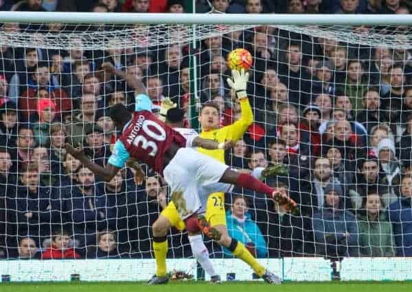 LONDON, ENGLAND - Saturday, January 2, 2016: West Ham United's Michail Antonio scores the first goal against Liverpool during the Premier League match at Upton Park. (Pic by David Rawcliffe/Propaganda)