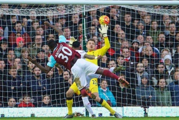 LONDON, ENGLAND - Saturday, January 2, 2016: West Ham United's Michail Antonio scores the first goal against Liverpool during the Premier League match at Upton Park. (Pic by David Rawcliffe/Propaganda)