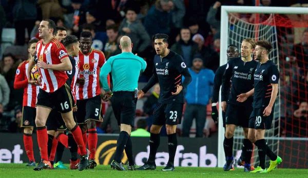 SUNDERLAND, ENGLAND - Monday, January 2, 2017: Liverpool's Emre Can looks confused as referee Anthony Taylor awards Sunderland a SECOND penalty during the FA Premier League match at the Stadium of Light. (Pic by David Rawcliffe/Propaganda)