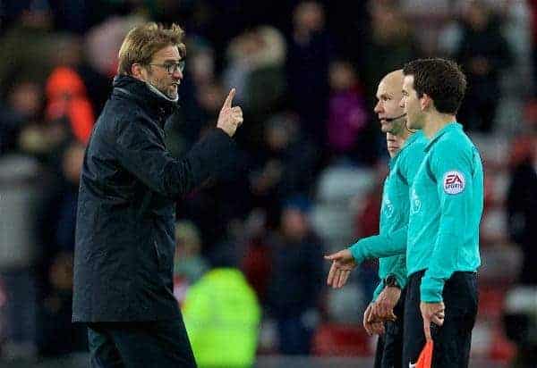 SUNDERLAND, ENGLAND - Monday, January 2, 2017: Liverpool's manager Jürgen Klopp argues with referee Anthony Taylor after he awarded Sunderland two penalties to give them two equalising goals for a 2-2 draw during the FA Premier League match at the Stadium of Light. (Pic by David Rawcliffe/Propaganda)