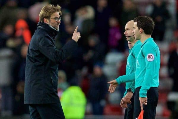 SUNDERLAND, ENGLAND - Monday, January 2, 2017: Liverpool's manager Jürgen Klopp argues with referee Anthony Taylor after he awarded Sunderland two penalties to give them two equalising goals for a 2-2 draw during the FA Premier League match at the Stadium of Light. (Pic by David Rawcliffe/Propaganda)