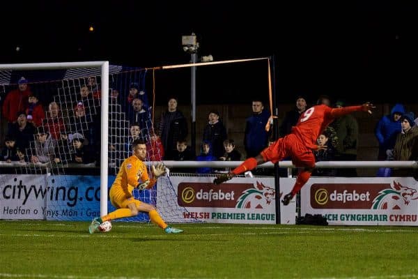 BANGOR, WALES - Wednesday, January 4, 2017: Liverpool's Toni Gomes scores the second goal against Bangor City's goalkeeper Connor Roberts during an Under-23 friendly match at Bangor University Stadium. (Pic by David Rawcliffe/Propaganda)