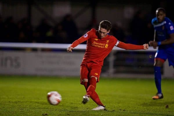 BANGOR, WALES - Wednesday, January 4, 2017: Liverpool's captain Harry Wilson sees his penalty saved, but scores from the rebound to score his side's fourth goal against Bangor City during an Under-23 friendly match at Bangor University Stadium. (Pic by David Rawcliffe/Propaganda)