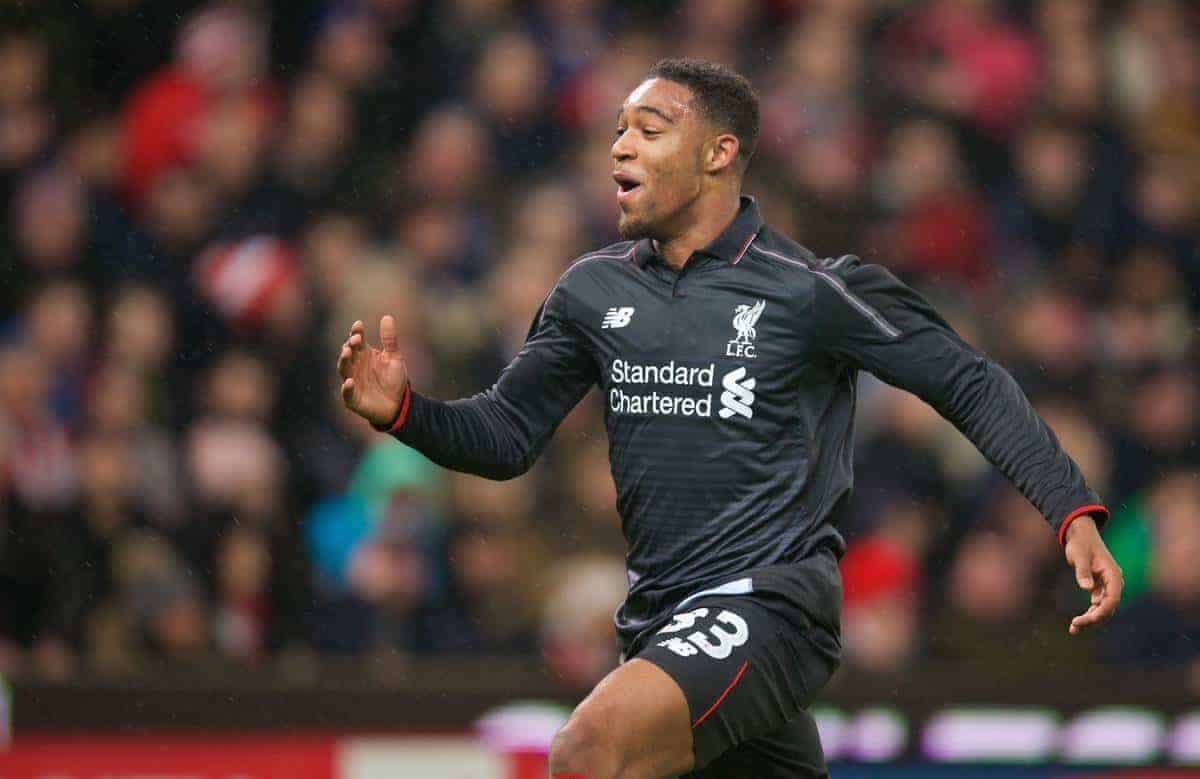 STOKE-ON-TRENT, ENGLAND - Tuesday, January 5, 2016: Liverpool's Jordon Ibe celebrates scoring the first goal against Stoke City during the Football League Cup Semi-Final 1st Leg match at the Britannia Stadium. (Pic by David Rawcliffe/Propaganda)