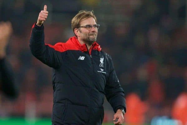 STOKE-ON-TRENT, ENGLAND - Tuesday, January 5, 2016: Liverpool's manager Jürgen Klopp celebrates after his side's 1-0 victory over Stoke City during the Football League Cup Semi-Final 1st Leg match at the Britannia Stadium. (Pic by David Rawcliffe/Propaganda)