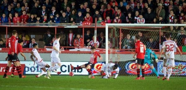 EXETER, ENGLAND - Friday, January 8, 2016: Liverpool's Jerome Sinclair scores his side's first equalising goal against Exeter City during the FA Cup 3rd Round match at St. James Park. (Pic by David Rawcliffe/Propaganda)