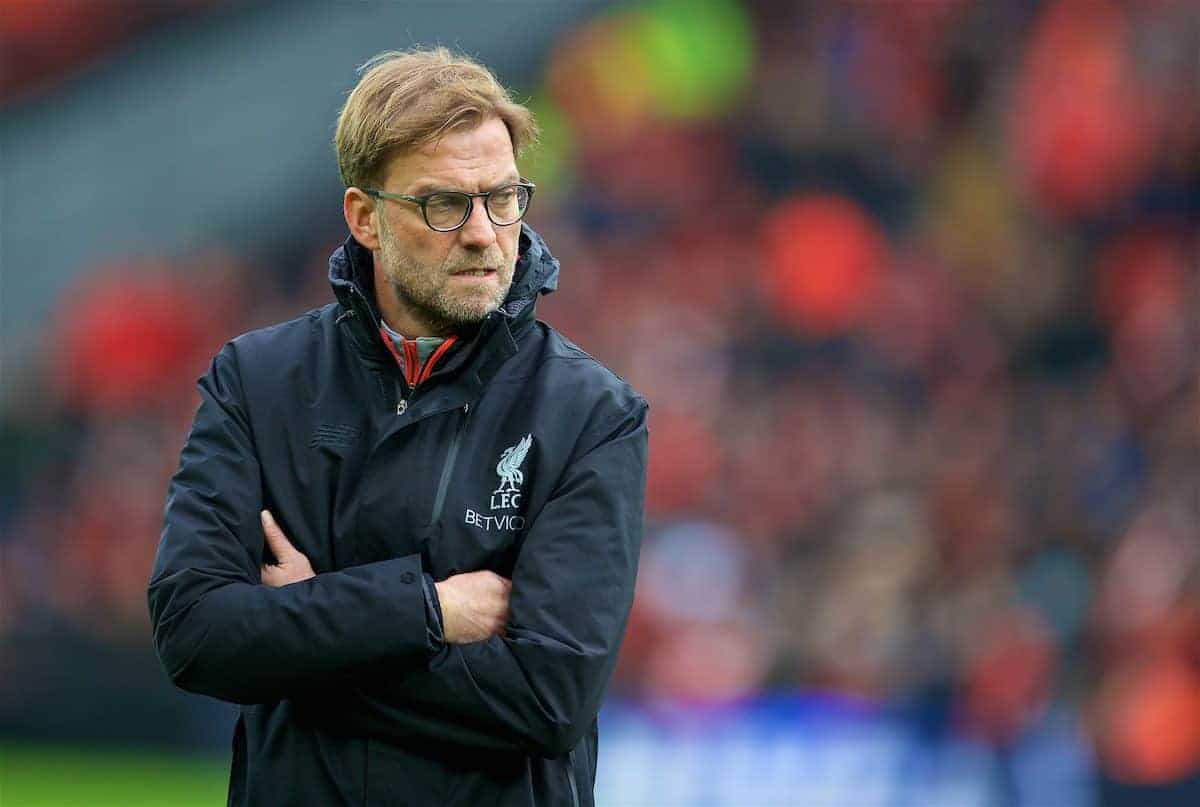 LIVERPOOL, ENGLAND - Saturday, January 7, 2017: Liverpool's manager Jürgen Klopp before the FA Cup 3rd Round match against Plymouth Argyle at Anfield. (Pic by David Rawcliffe/Propaganda)