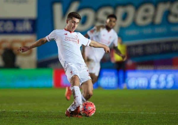 EXETER, ENGLAND - Friday, January 8, 2016: Liverpool's Cameron Brannagan in action against Exeter City during the FA Cup 3rd Round match at St. James Park. (Pic by David Rawcliffe/Propaganda)