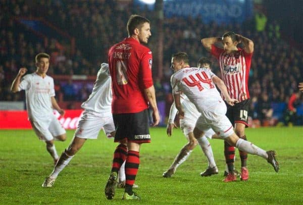 EXETER, ENGLAND - Friday, January 8, 2016: Liverpool's Brad Smith celebrates scoring the second equalising goal against Exeter City during the FA Cup 3rd Round match at St. James Park. (Pic by David Rawcliffe/Propaganda)