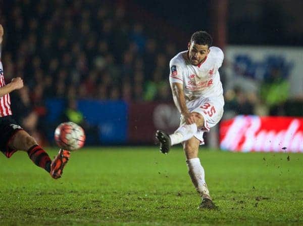 EXETER, ENGLAND - Friday, January 8, 2016: Liverpool's Kevin Stewart in action against Exeter City during the FA Cup 3rd Round match at St. James Park. (Pic by David Rawcliffe/Propaganda)