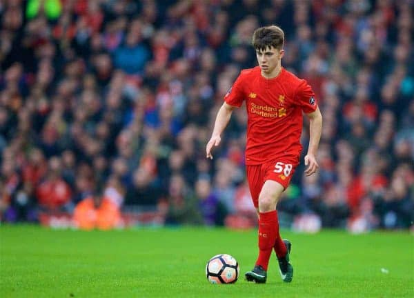 LIVERPOOL, ENGLAND - Saturday, January 7, 2017: Liverpool's Ben Woodburn in action against Plymouth Argyle during the FA Cup 3rd Round match at Anfield. (Pic by David Rawcliffe/Propaganda)