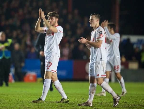 EXETER, ENGLAND - Friday, January 8, 2016: Liverpool's Joe Maguire and Brad Smith applaud the travelling supporters after the 2-2 draw with Exeter City during the FA Cup 3rd Round match at St. James Park. (Pic by David Rawcliffe/Propaganda)