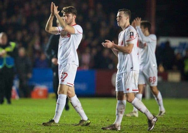 EXETER, ENGLAND - Friday, January 8, 2016: Liverpool's Joe Maguire and Brad Smith applaud the travelling supporters after the 2-2 draw with Exeter City during the FA Cup 3rd Round match at St. James Park. (Pic by David Rawcliffe/Propaganda)